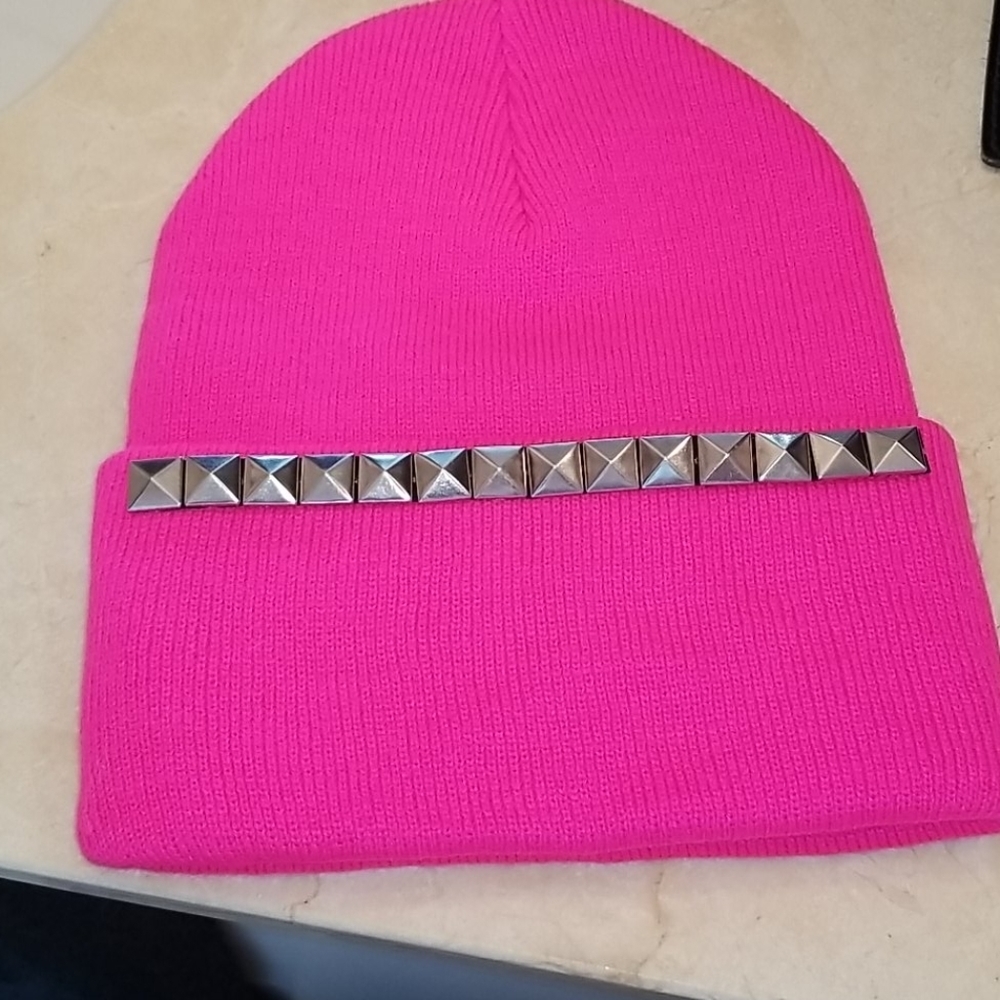 Neon pink studded beanie